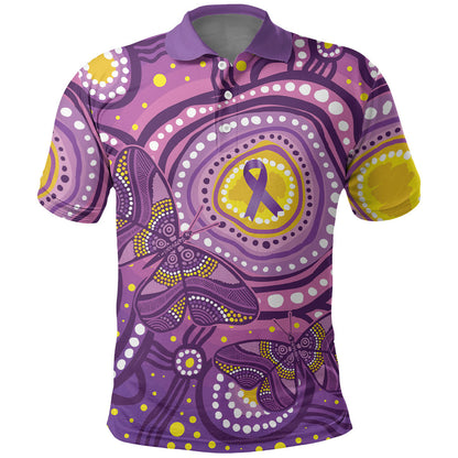 Australia Indigenous World Cancer Day Purple Aboriginal Polo Shirt Butterfly Ribbon