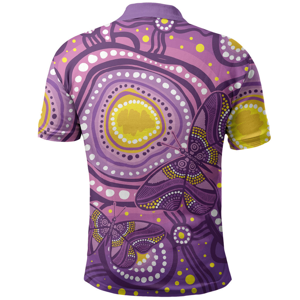 Australia Indigenous World Cancer Day Purple Aboriginal Polo Shirt Butterfly Ribbon