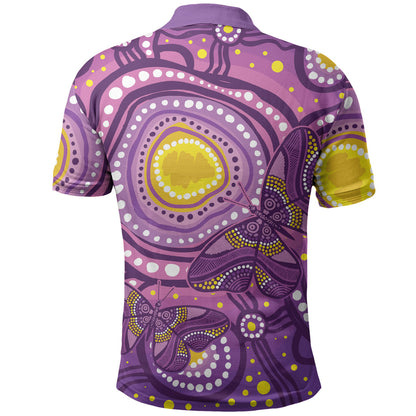 Australia Indigenous World Cancer Day Purple Aboriginal Polo Shirt Butterfly Ribbon