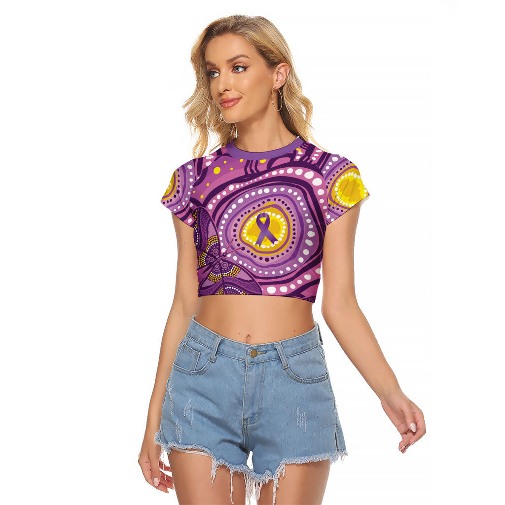 Australia Indigenous World Cancer Day Purple Aboriginal Raglan Cropped T Shirt Butterfly Ribbon