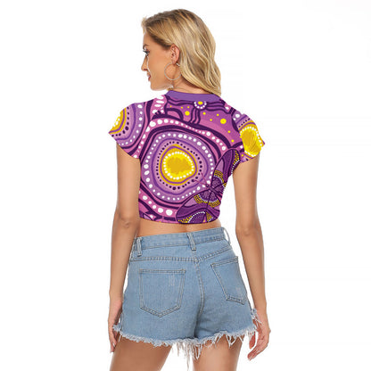 Australia Indigenous World Cancer Day Purple Aboriginal Raglan Cropped T Shirt Butterfly Ribbon