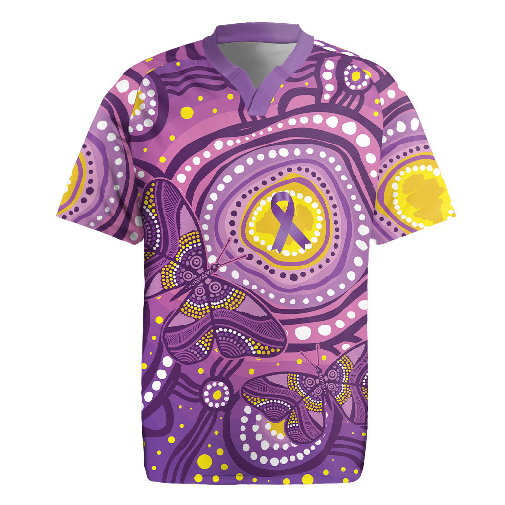 Australia Indigenous World Cancer Day Purple Aboriginal Rugby Jersey Butterfly Ribbon