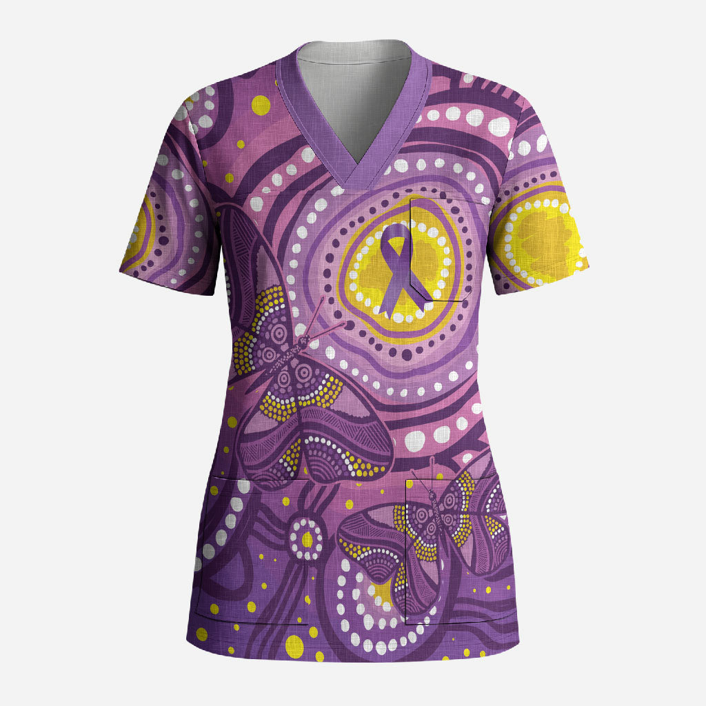 Australia Indigenous World Cancer Day Purple Aboriginal Scrub Top Butterfly Ribbon