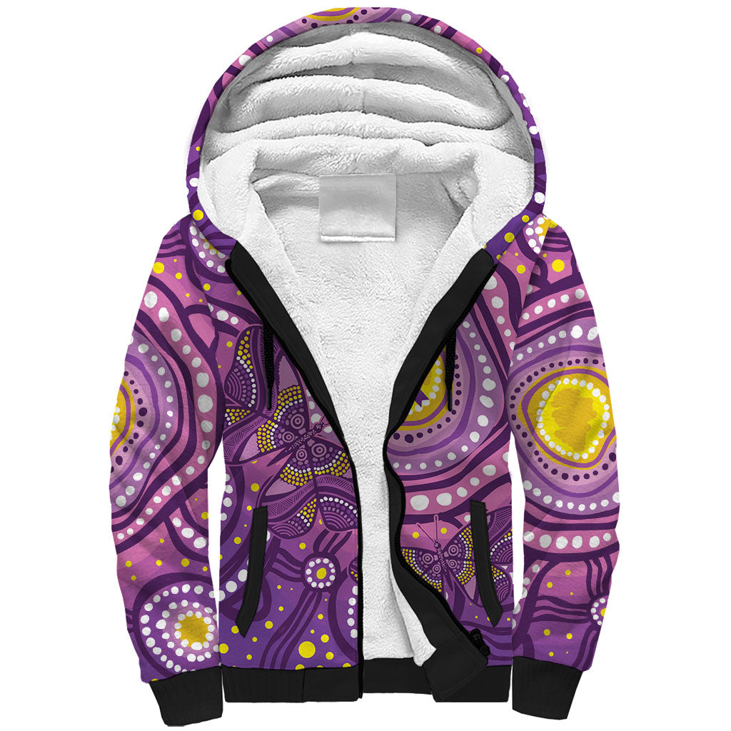 Australia Indigenous World Cancer Day Purple Aboriginal Sherpa Hoodie Butterfly Ribbon