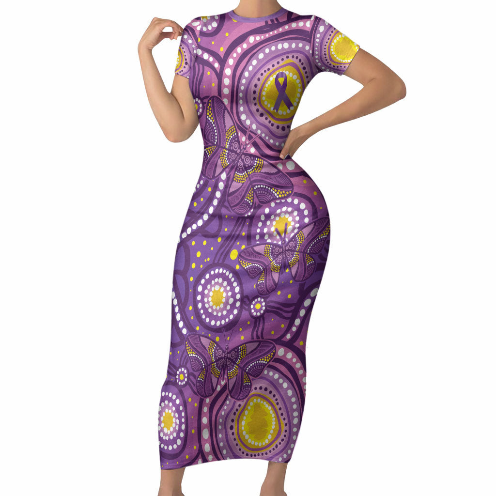Australia Indigenous World Cancer Day Purple Aboriginal Short Sleeve Bodycon Dress Butterfly Ribbon