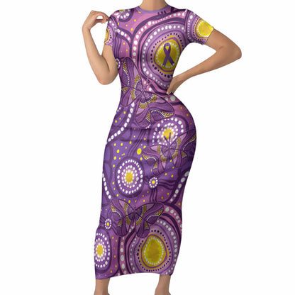 Australia Indigenous World Cancer Day Purple Aboriginal Short Sleeve Bodycon Dress Butterfly Ribbon