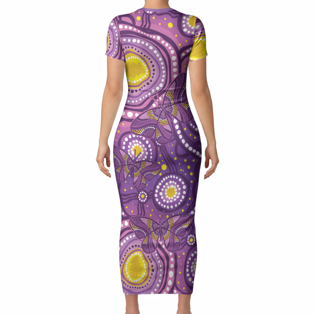 Australia Indigenous World Cancer Day Purple Aboriginal Short Sleeve Bodycon Dress Butterfly Ribbon