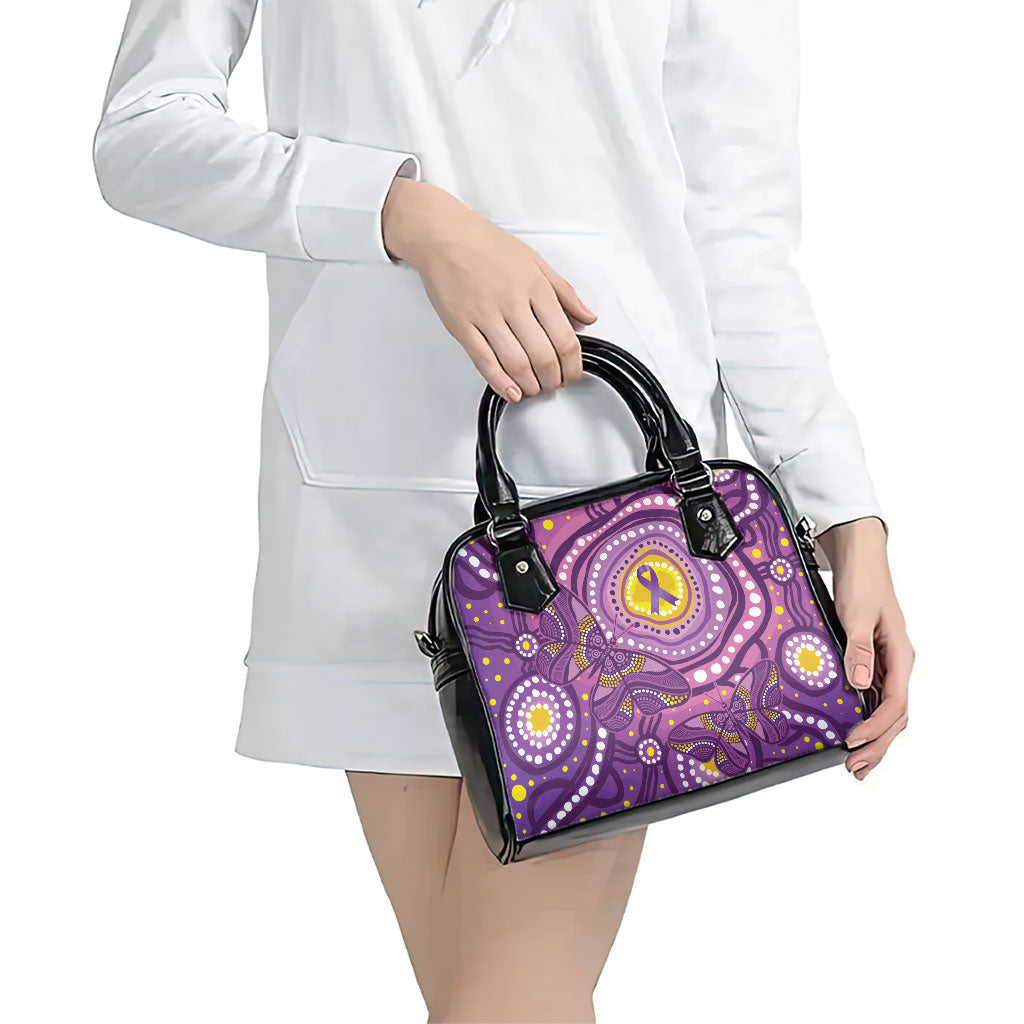 Australia Indigenous World Cancer Day Purple Aboriginal Shoulder Handbag Butterfly Ribbon