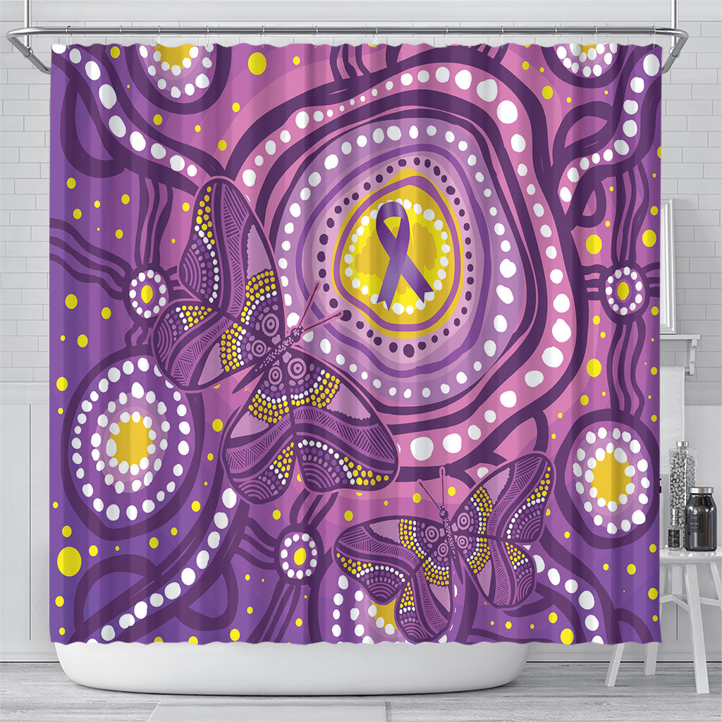 Australia Indigenous World Cancer Day Purple Aboriginal Shower Curtain Butterfly Ribbon