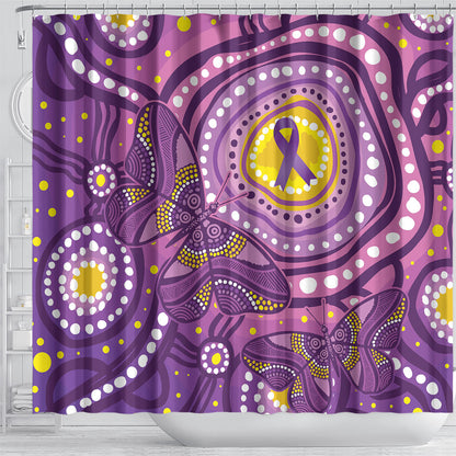 Australia Indigenous World Cancer Day Purple Aboriginal Shower Curtain Butterfly Ribbon