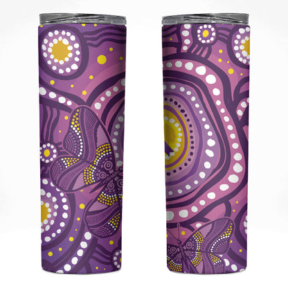 Australia Indigenous World Cancer Day Purple Aboriginal Skinny Tumbler Butterfly Ribbon