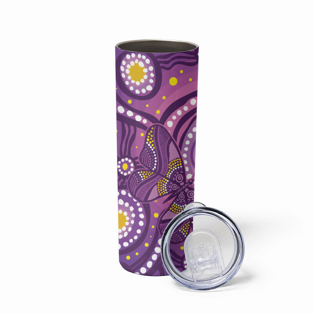 Australia Indigenous World Cancer Day Purple Aboriginal Skinny Tumbler Butterfly Ribbon