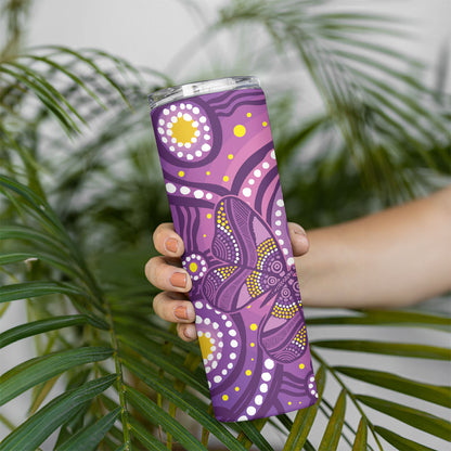 Australia Indigenous World Cancer Day Purple Aboriginal Skinny Tumbler Butterfly Ribbon