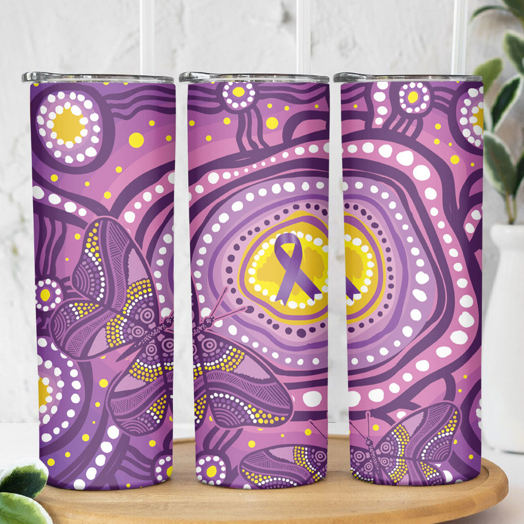 Australia Indigenous World Cancer Day Purple Aboriginal Skinny Tumbler Butterfly Ribbon