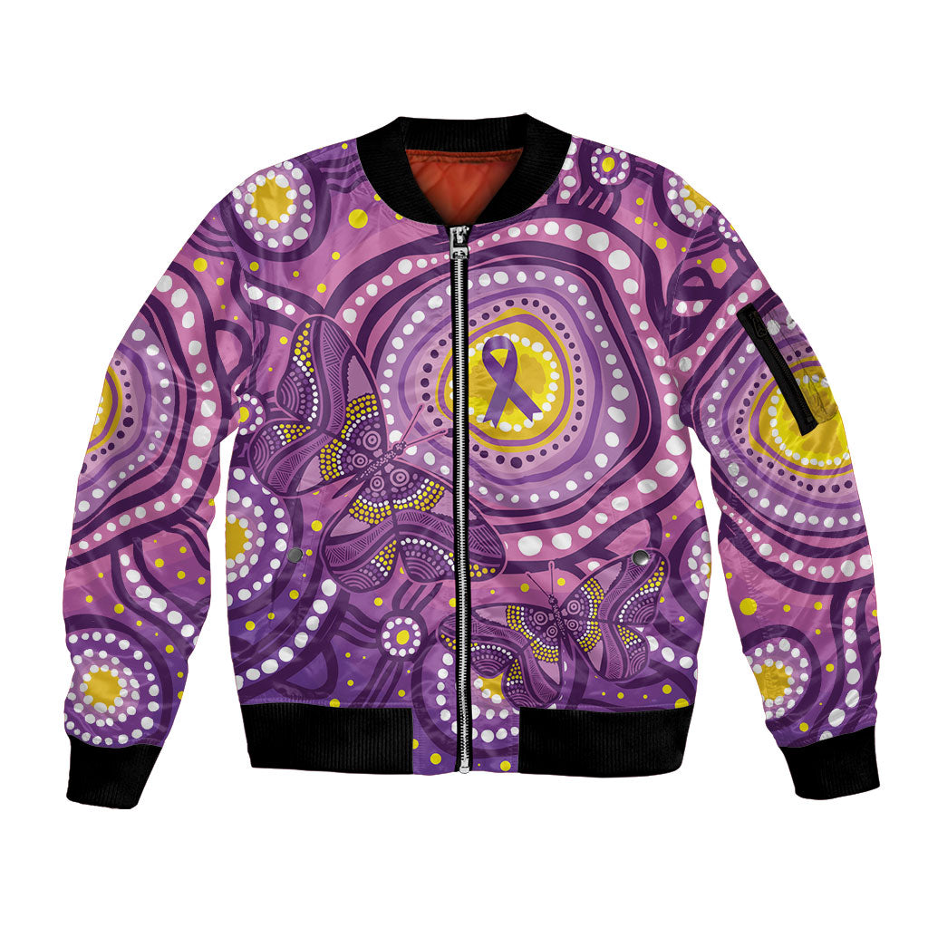 Australia Indigenous World Cancer Day Purple Aboriginal Sleeve Zip Bomber Jacket Butterfly Ribbon