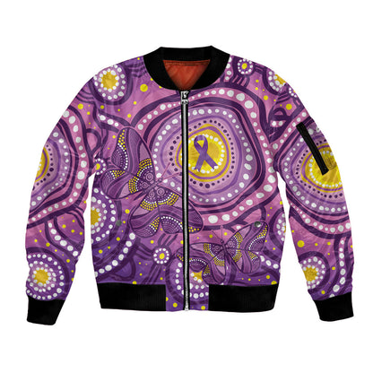 Australia Indigenous World Cancer Day Purple Aboriginal Sleeve Zip Bomber Jacket Butterfly Ribbon