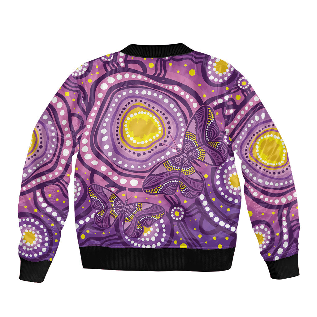 Australia Indigenous World Cancer Day Purple Aboriginal Sleeve Zip Bomber Jacket Butterfly Ribbon