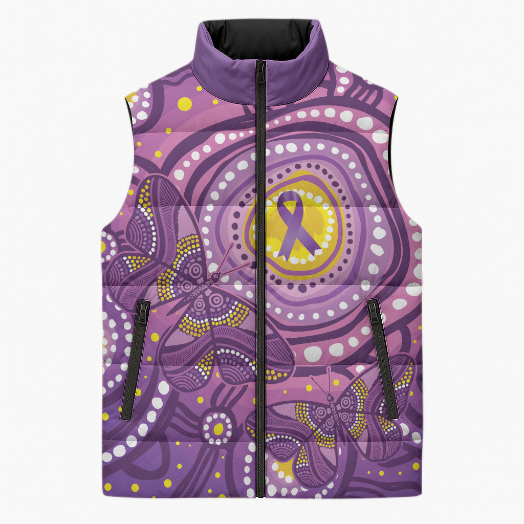 Australia Indigenous World Cancer Day Purple Aboriginal Sleeveless Puffer Jacket Butterfly Ribbon