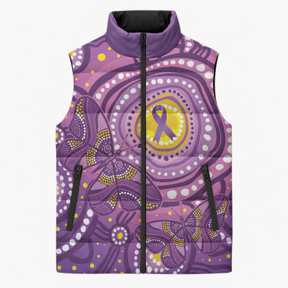 Australia Indigenous World Cancer Day Purple Aboriginal Sleeveless Puffer Jacket Butterfly Ribbon