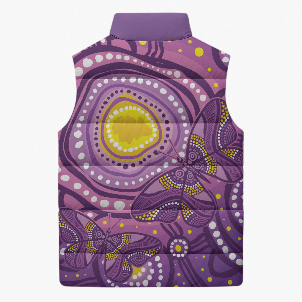 Australia Indigenous World Cancer Day Purple Aboriginal Sleeveless Puffer Jacket Butterfly Ribbon