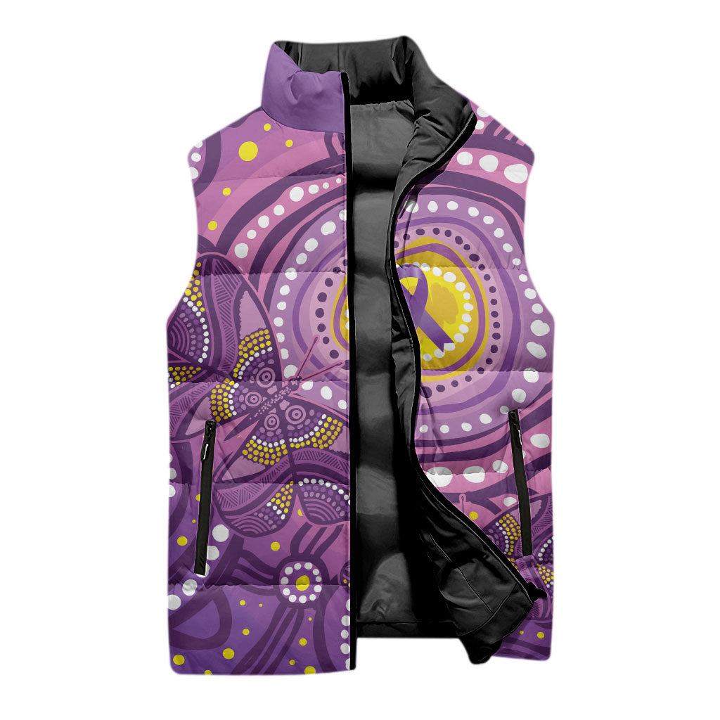 Australia Indigenous World Cancer Day Purple Aboriginal Sleeveless Puffer Jacket Butterfly Ribbon