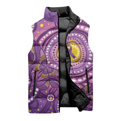 Australia Indigenous World Cancer Day Purple Aboriginal Sleeveless Puffer Jacket Butterfly Ribbon