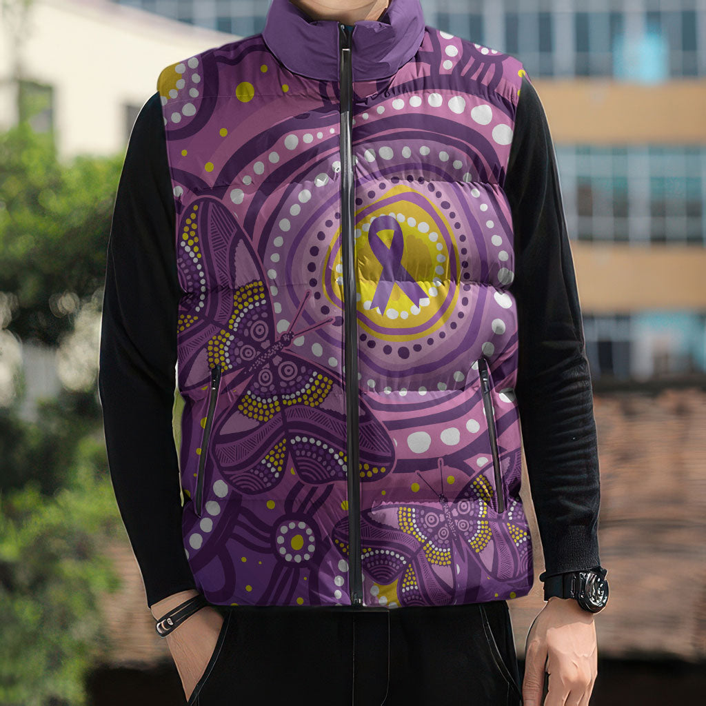 Australia Indigenous World Cancer Day Purple Aboriginal Sleeveless Puffer Jacket Butterfly Ribbon
