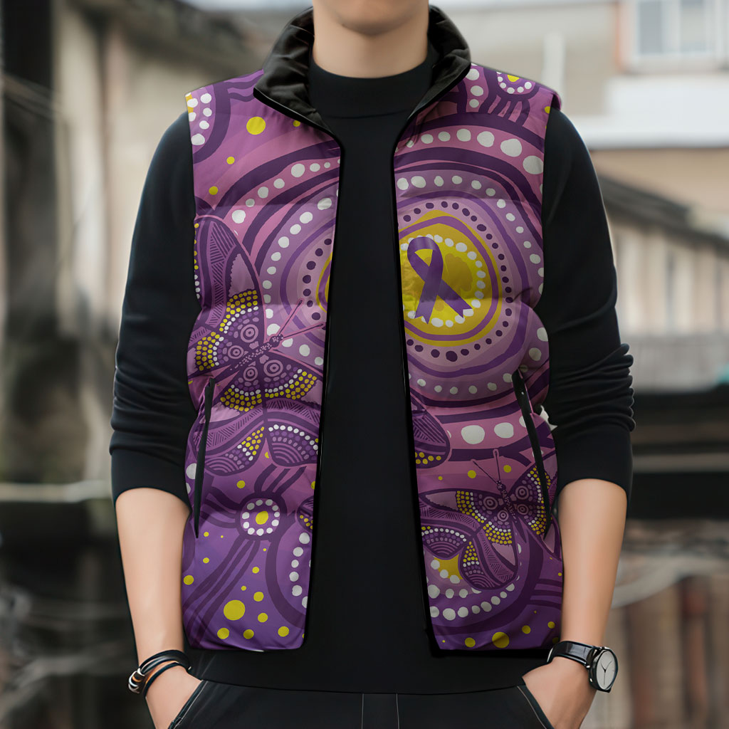 Australia Indigenous World Cancer Day Purple Aboriginal Sleeveless Puffer Jacket Butterfly Ribbon