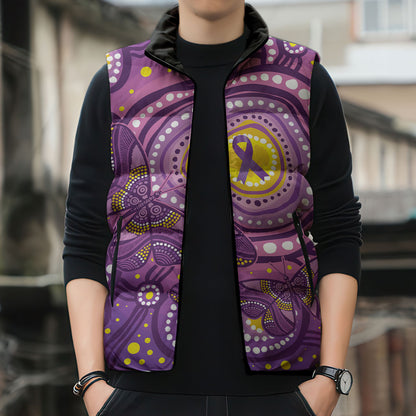 Australia Indigenous World Cancer Day Purple Aboriginal Sleeveless Puffer Jacket Butterfly Ribbon