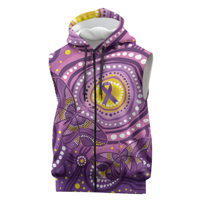 Australia Indigenous World Cancer Day Purple Aboriginal Sleeveless Zip Hoodie Butterfly Ribbon