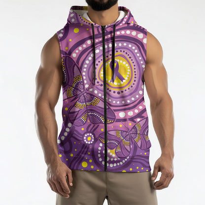 Australia Indigenous World Cancer Day Purple Aboriginal Sleeveless Zip Hoodie Butterfly Ribbon