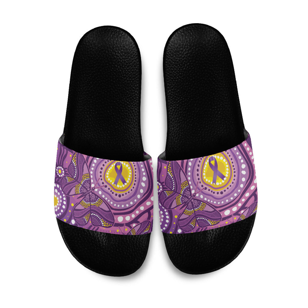Australia Indigenous World Cancer Day Purple Aboriginal Slide Sandals Butterfly Ribbon