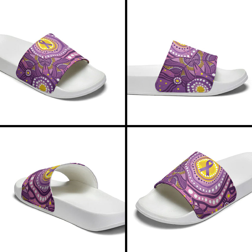 Australia Indigenous World Cancer Day Purple Aboriginal Slide Sandals Butterfly Ribbon