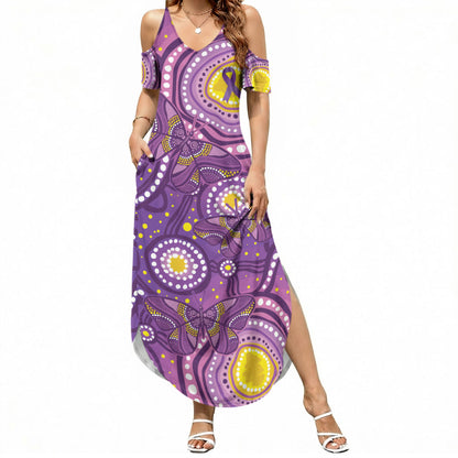 Australia Indigenous World Cancer Day Purple Aboriginal Summer Maxi Dress Butterfly Ribbon