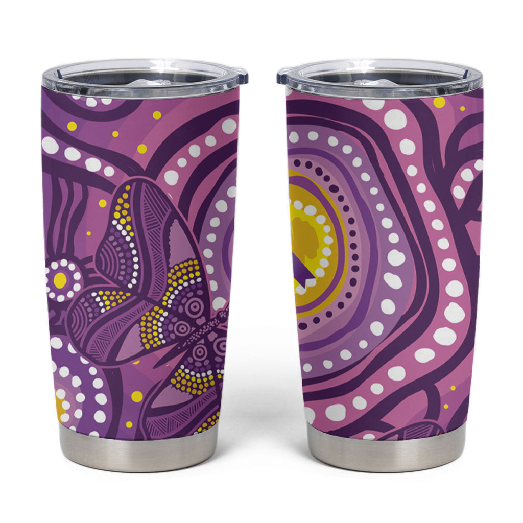 Australia Indigenous World Cancer Day Purple Aboriginal Tumbler Cup Butterfly Ribbon