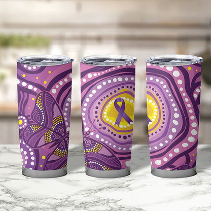 Australia Indigenous World Cancer Day Purple Aboriginal Tumbler Cup Butterfly Ribbon