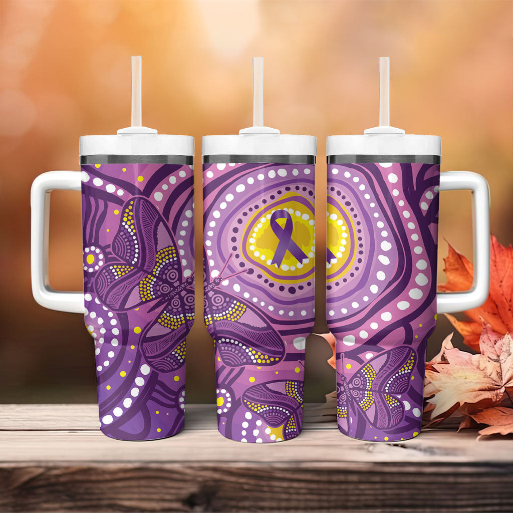 Australia Indigenous World Cancer Day Purple Aboriginal Tumbler With Handle Butterfly Ribbon