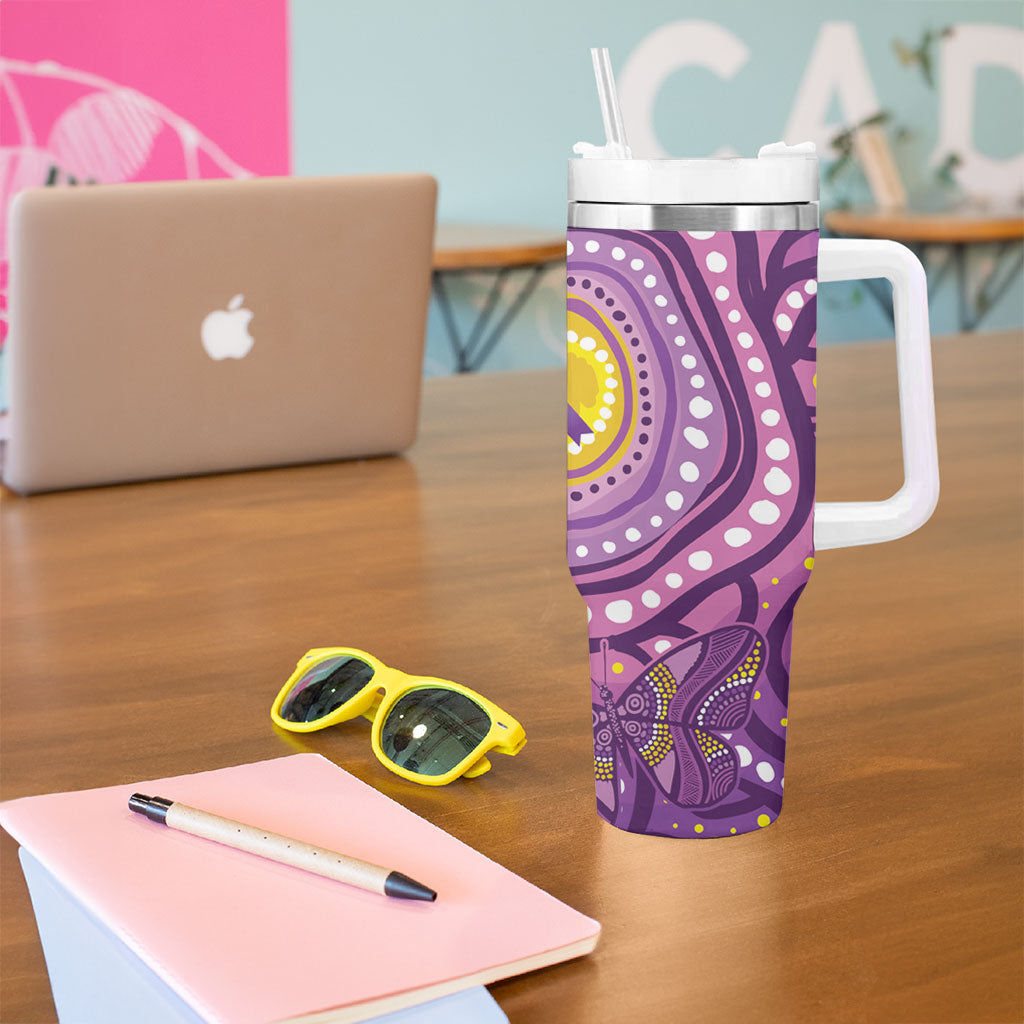 Australia Indigenous World Cancer Day Purple Aboriginal Tumbler With Handle Butterfly Ribbon