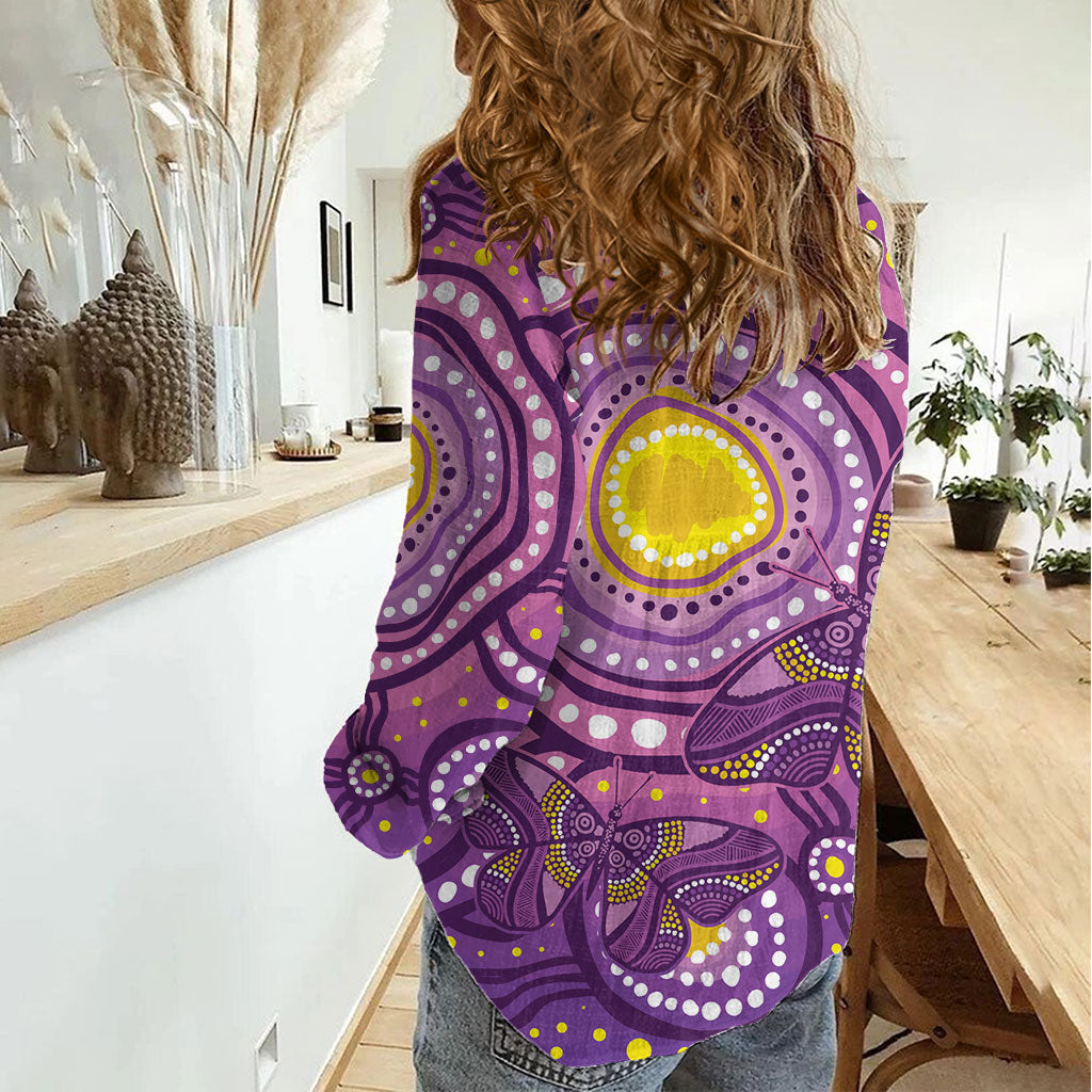 Australia Indigenous World Cancer Day Purple Aboriginal Women Casual Shirt Butterfly Ribbon