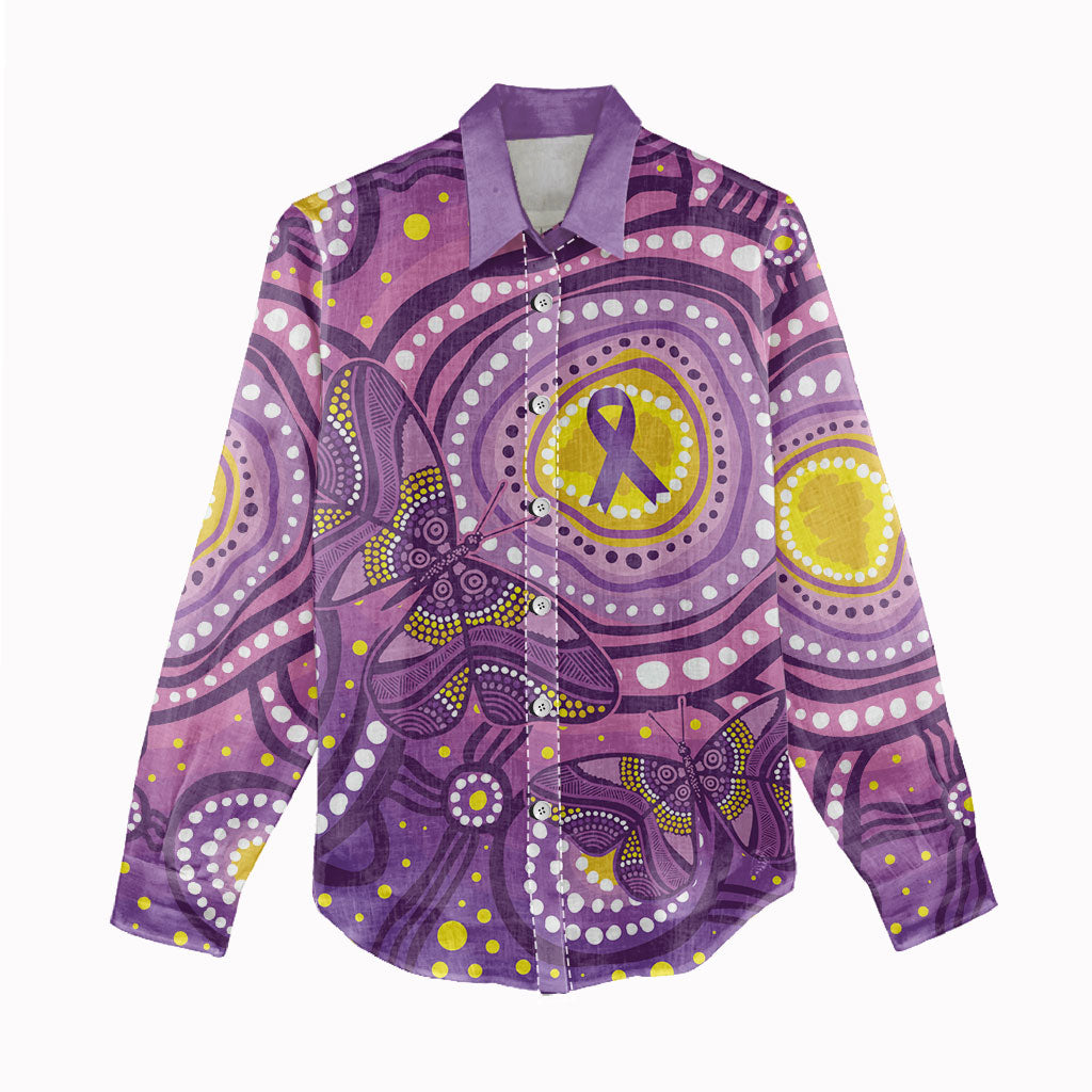 Australia Indigenous World Cancer Day Purple Aboriginal Women Casual Shirt Butterfly Ribbon