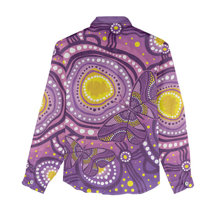 Australia Indigenous World Cancer Day Purple Aboriginal Women Casual Shirt Butterfly Ribbon