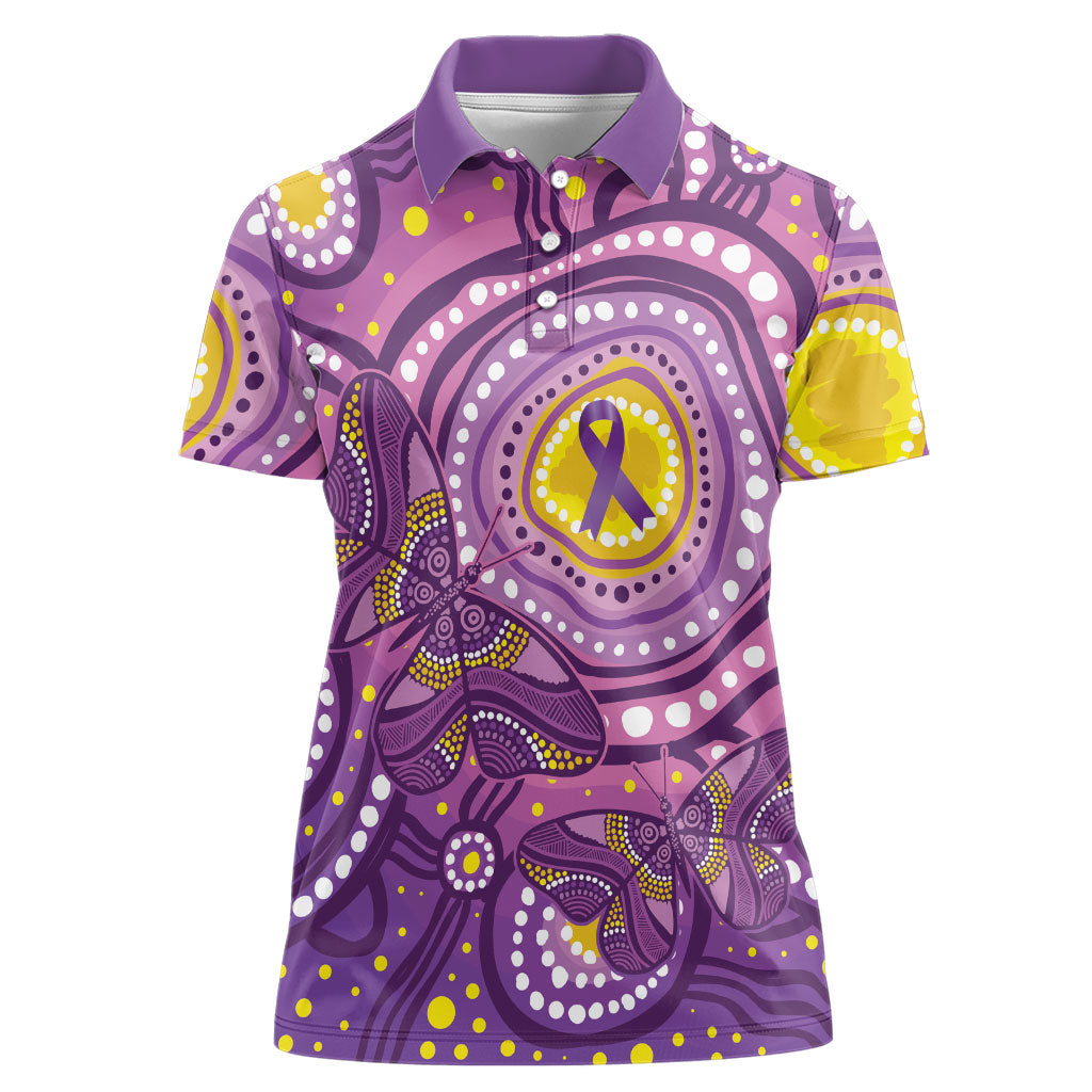 Australia Indigenous World Cancer Day Purple Aboriginal Women Polo Shirt Butterfly Ribbon