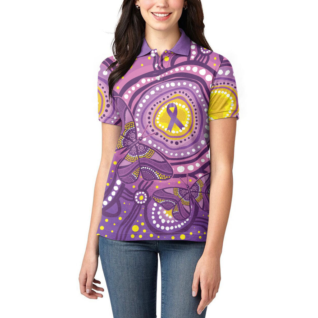 Australia Indigenous World Cancer Day Purple Aboriginal Women Polo Shirt Butterfly Ribbon