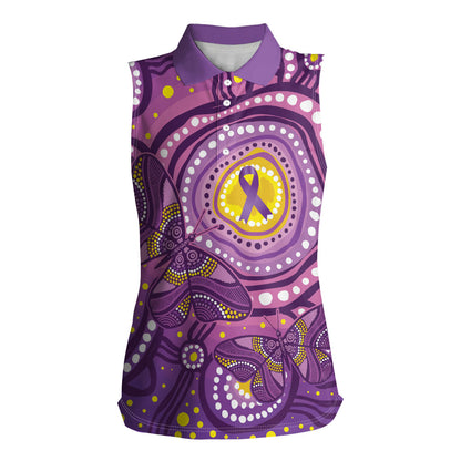 Australia Indigenous World Cancer Day Purple Aboriginal Women Sleeveless Polo Shirt Butterfly Ribbon