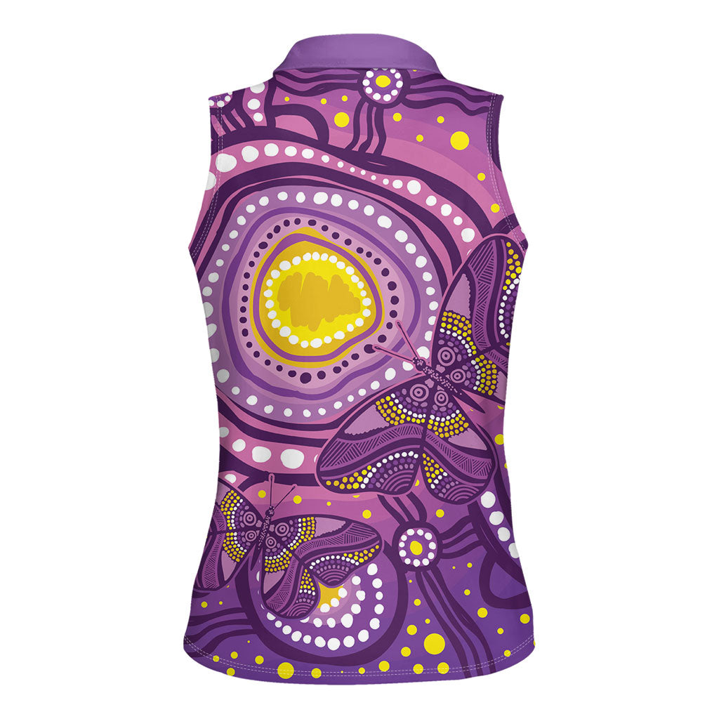 Australia Indigenous World Cancer Day Purple Aboriginal Women Sleeveless Polo Shirt Butterfly Ribbon