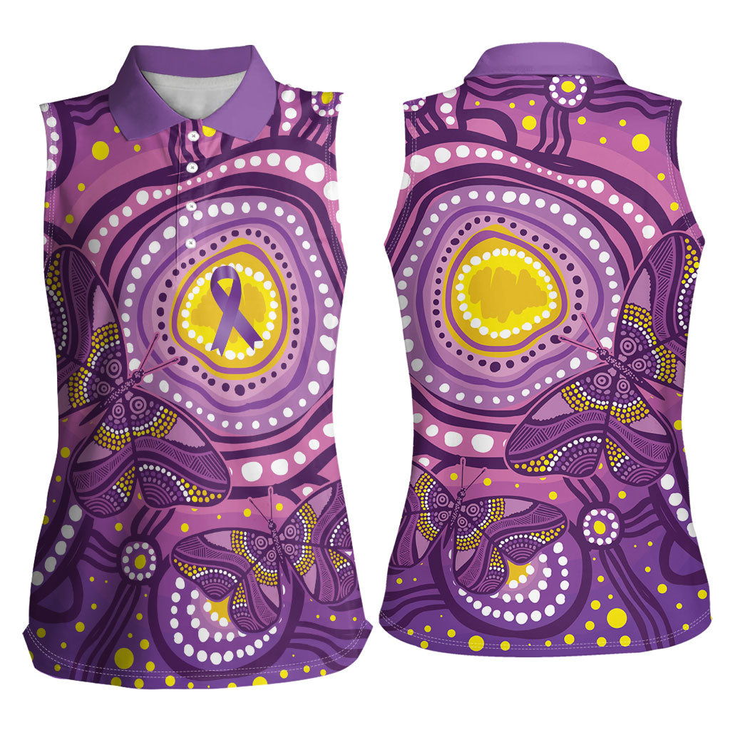 Australia Indigenous World Cancer Day Purple Aboriginal Women Sleeveless Polo Shirt Butterfly Ribbon