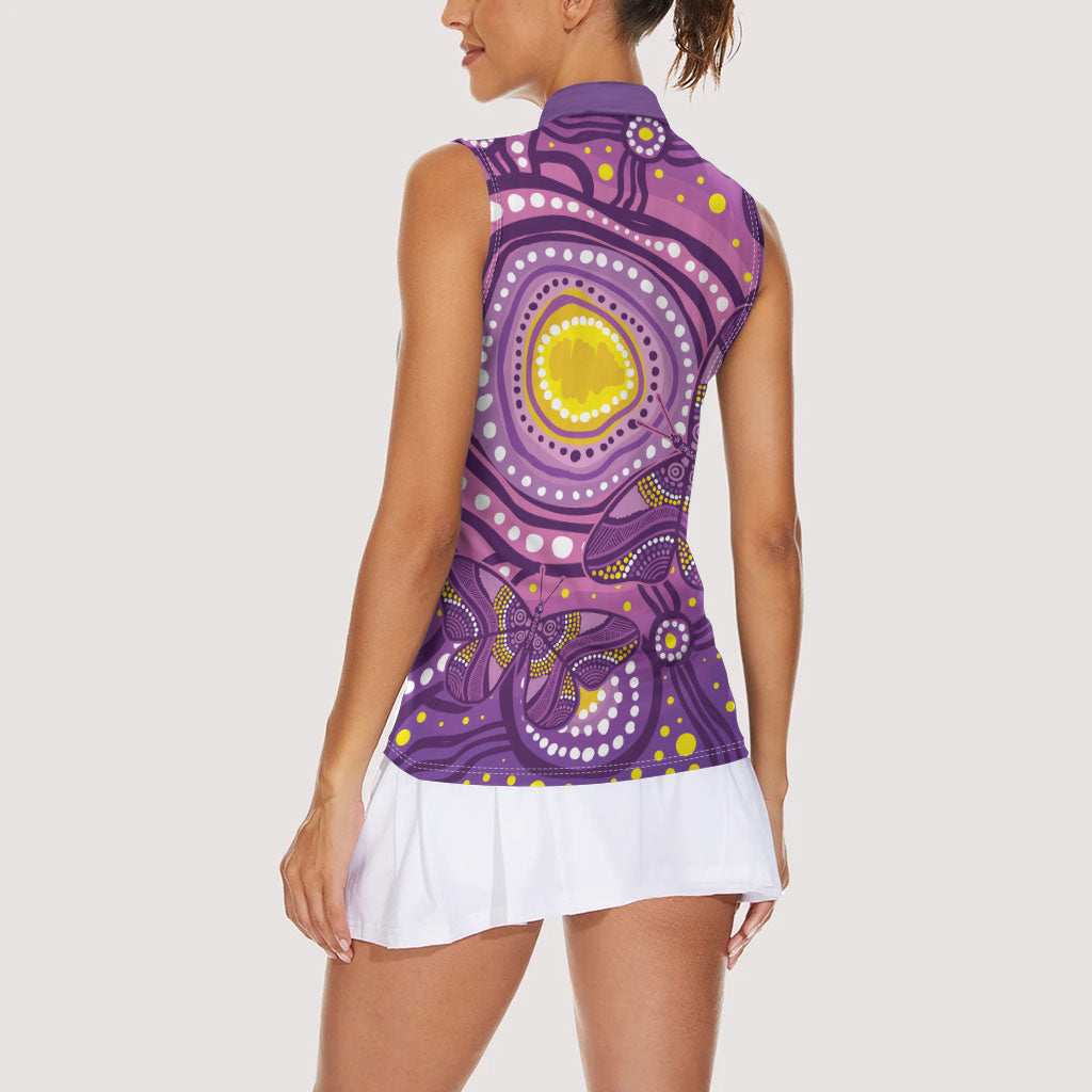 Australia Indigenous World Cancer Day Purple Aboriginal Women Sleeveless Polo Shirt Butterfly Ribbon