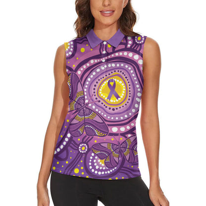 Australia Indigenous World Cancer Day Purple Aboriginal Women Sleeveless Polo Shirt Butterfly Ribbon