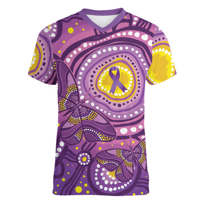 Australia Indigenous World Cancer Day Purple Aboriginal Women V-Neck T-Shirt Butterfly Ribbon