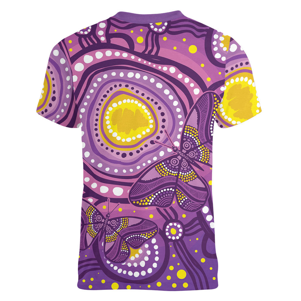 Australia Indigenous World Cancer Day Purple Aboriginal Women V-Neck T-Shirt Butterfly Ribbon